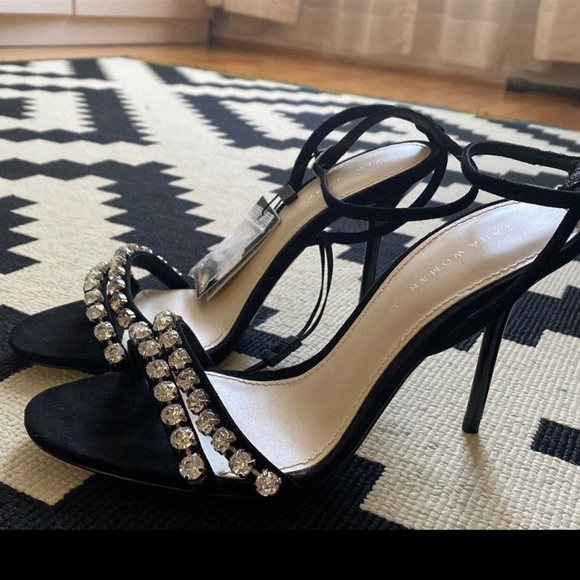 Zara Black Crystal rhinestone Ankle Strap Heels Sandals - Picture 5 of 10